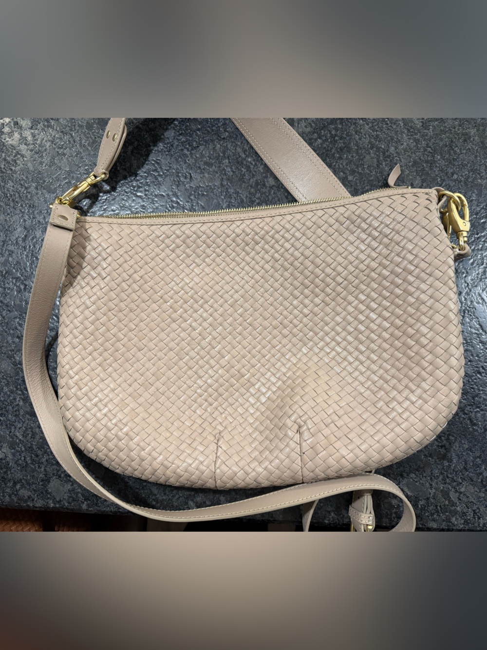 Quince Taupe Handwoven Crescent Convertible Shoulder Bag. - Picture 5 of 6